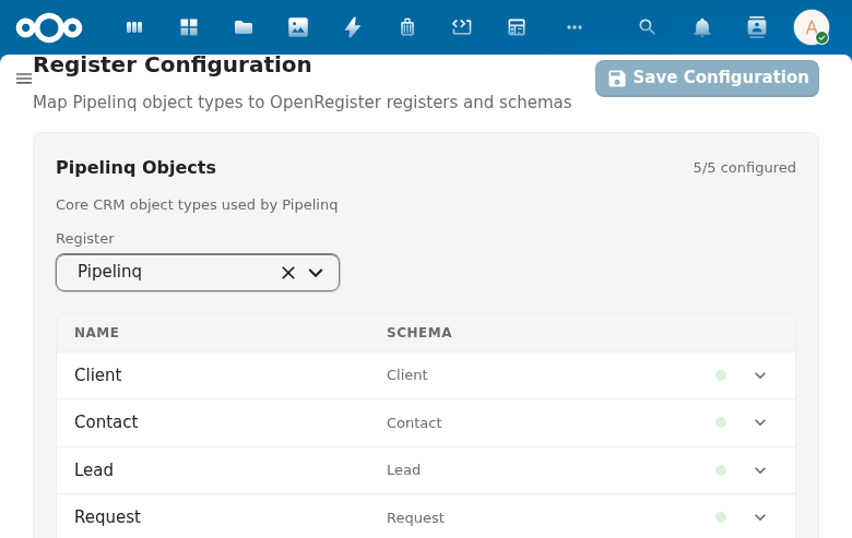 CnConfigurationCard showing register and schema mapping configuration