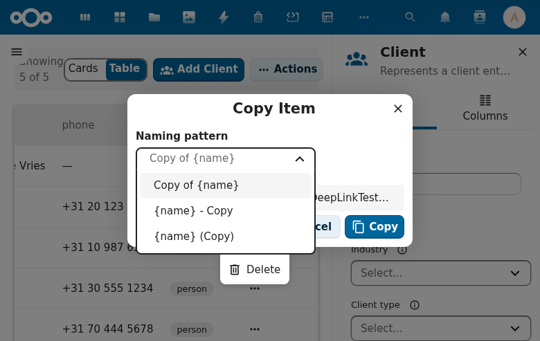 CnCopyDialog showing naming pattern selection for copying an item