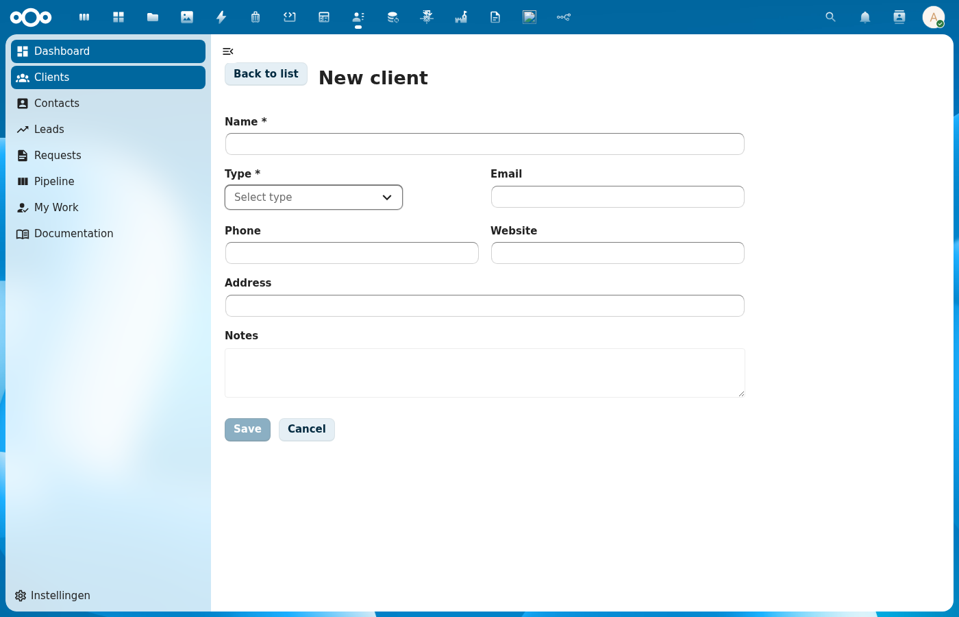 CnFormDialog showing the New client form with name, email, phone, and other fields