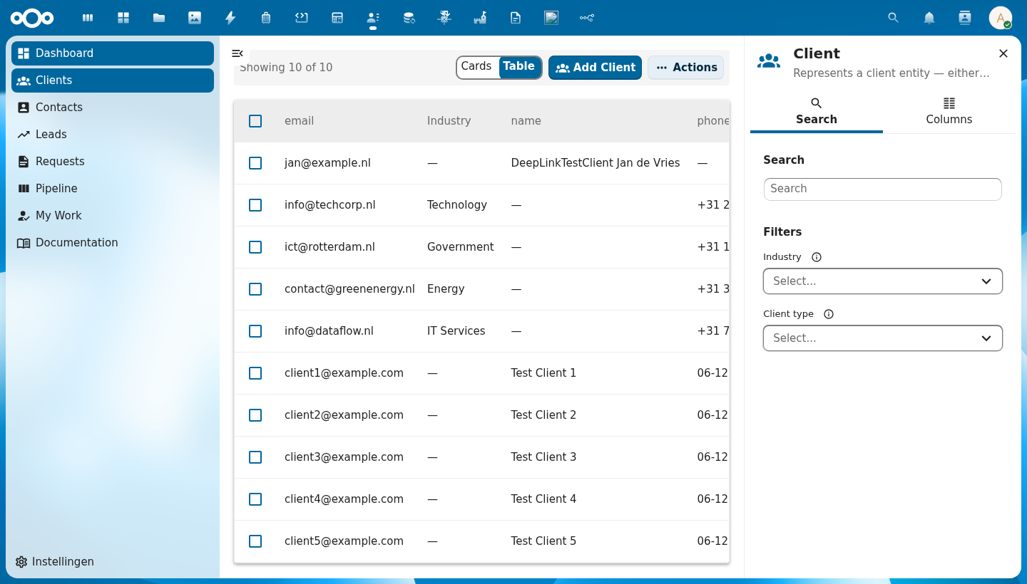 Full list page showing left navigation, data table with sortable columns, and right sidebar with search and filters