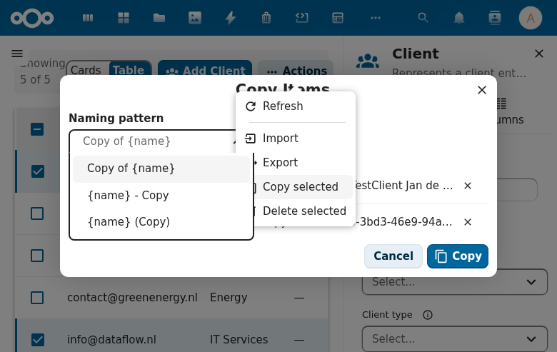 CnMassCopyDialog showing bulk copy with naming pattern and item list