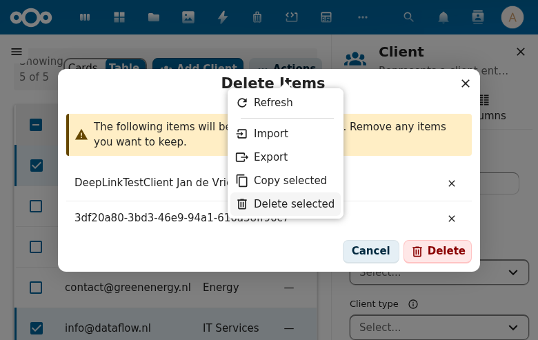 CnMassDeleteDialog showing confirmation with list of items to delete