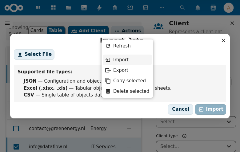 CnMassImportDialog showing file upload with supported formats list