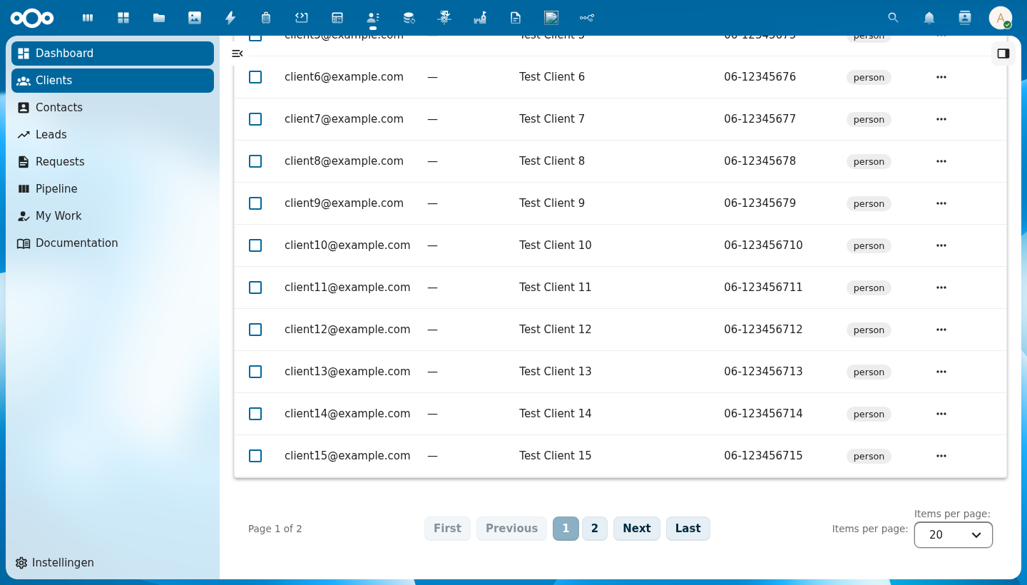 CnPagination showing "Page 1 of 2" with First/Previous/page numbers/Next/Last buttons and Items per page selector