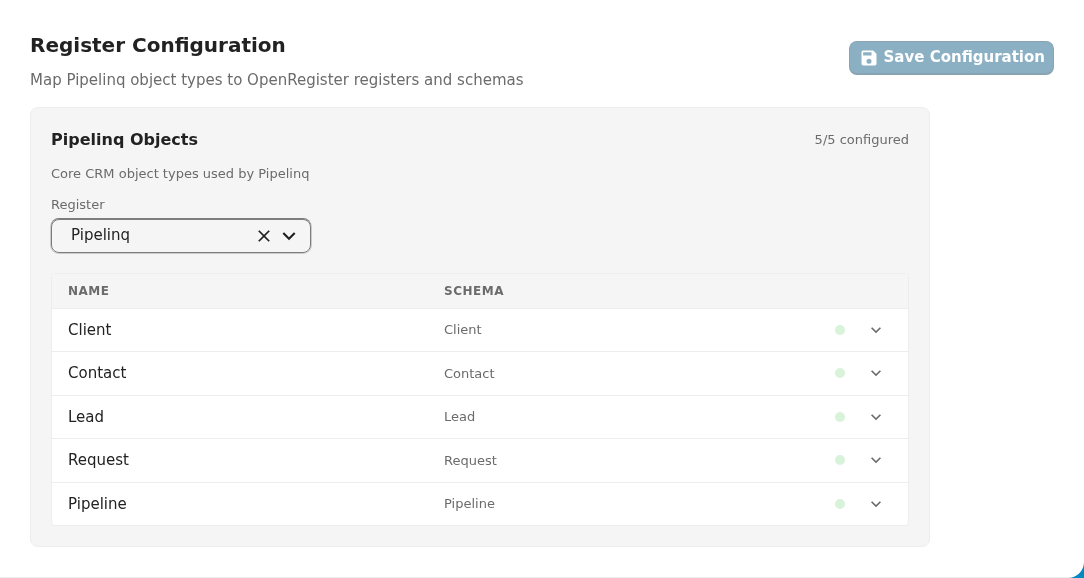 CnRegisterMapping showing register and schema dropdowns for each entity type