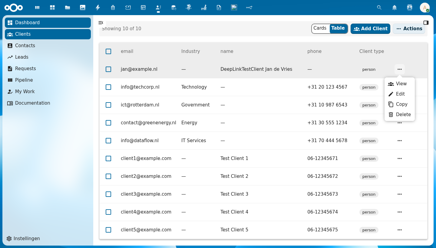 CnRowActions dropdown showing View, Edit, Copy, and Delete options for the focused row