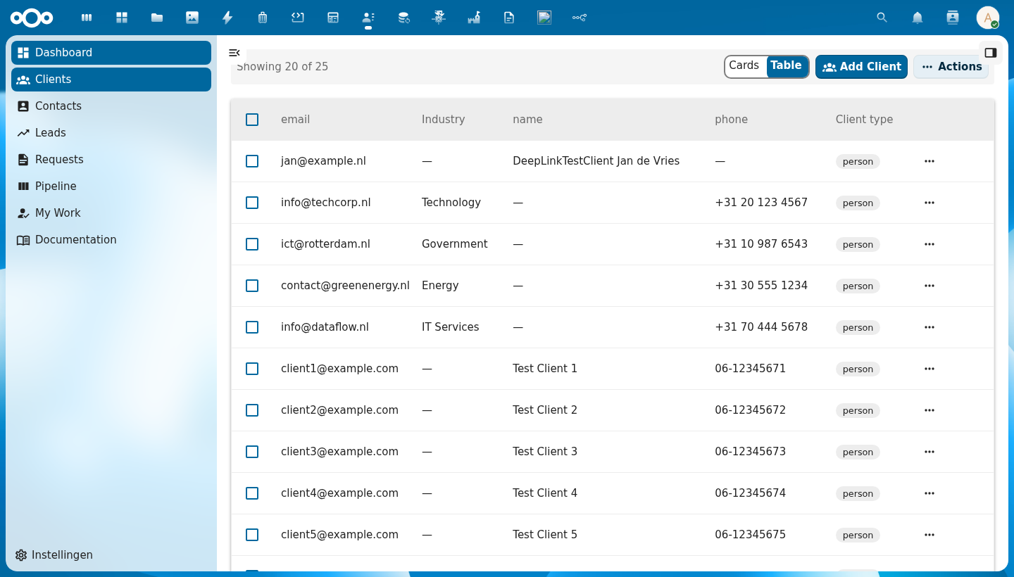 Full app layout showing Nextcloud header, left navigation, main content with table, and right sidebar