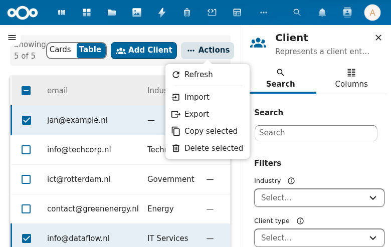 CnMassActionBar showing bulk action options (Import, Export, Copy, Delete)